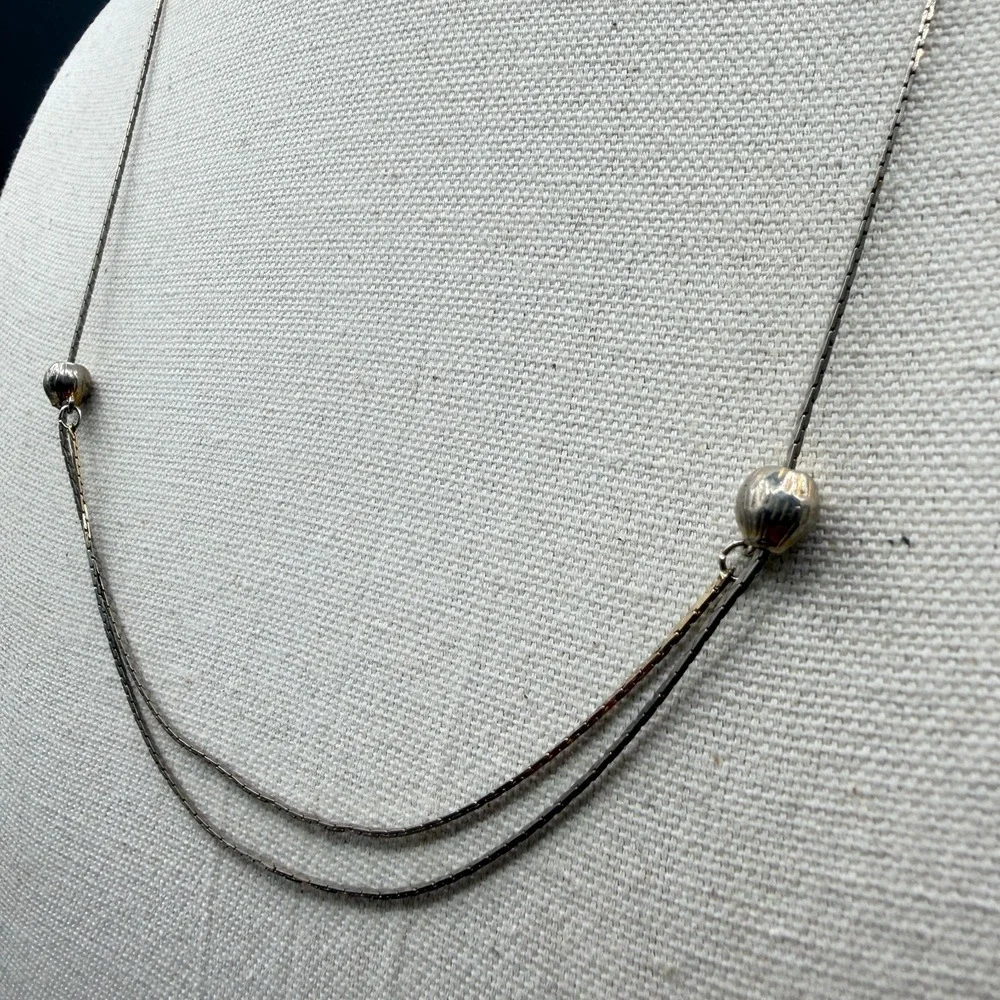 Silver Tone Double Strand Snake Chain Necklace Ribbed Beads Minimalist Gift